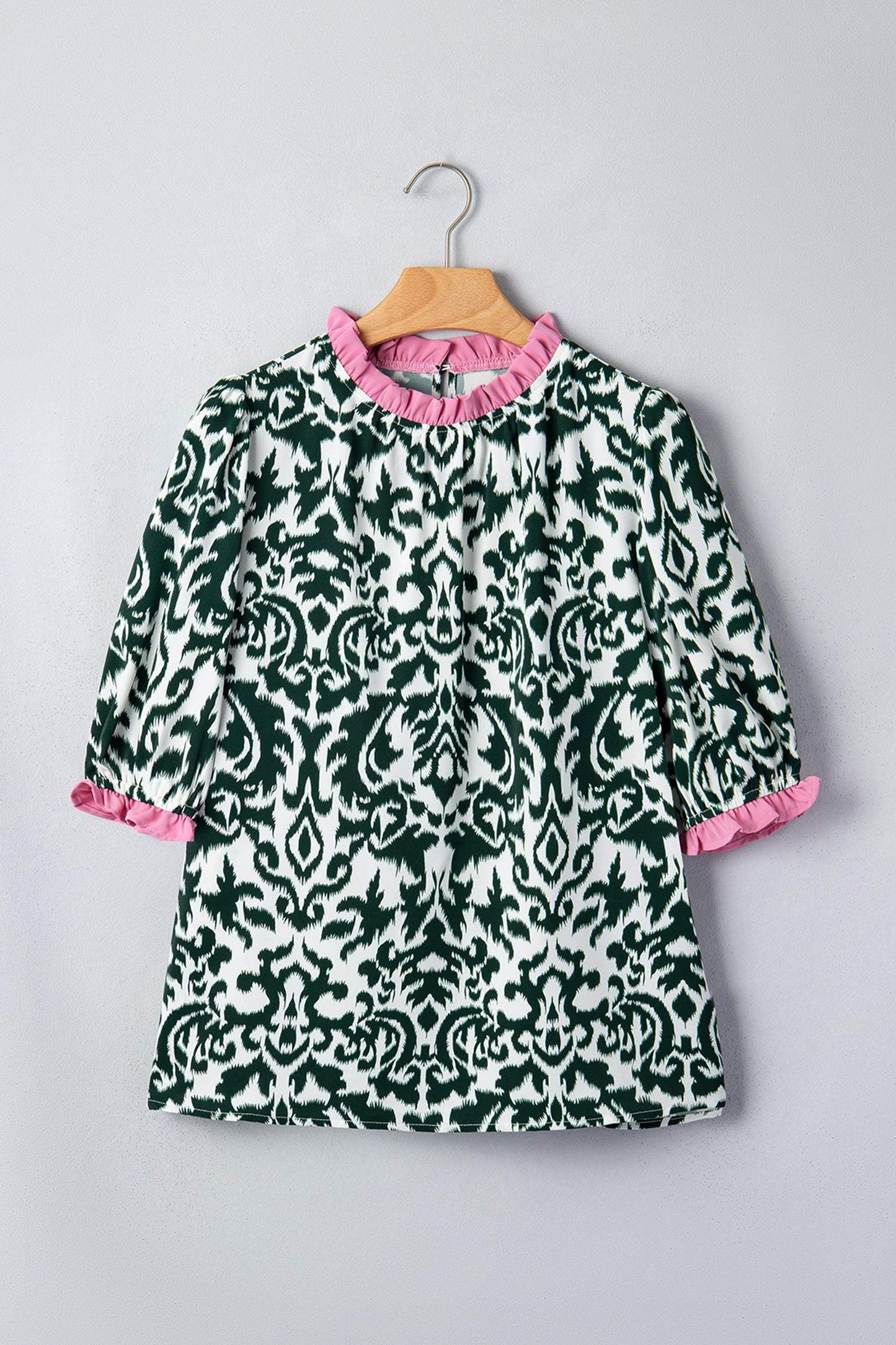 Green Damask Print Ruffled Color Block Detail Half Sleeve Blouse