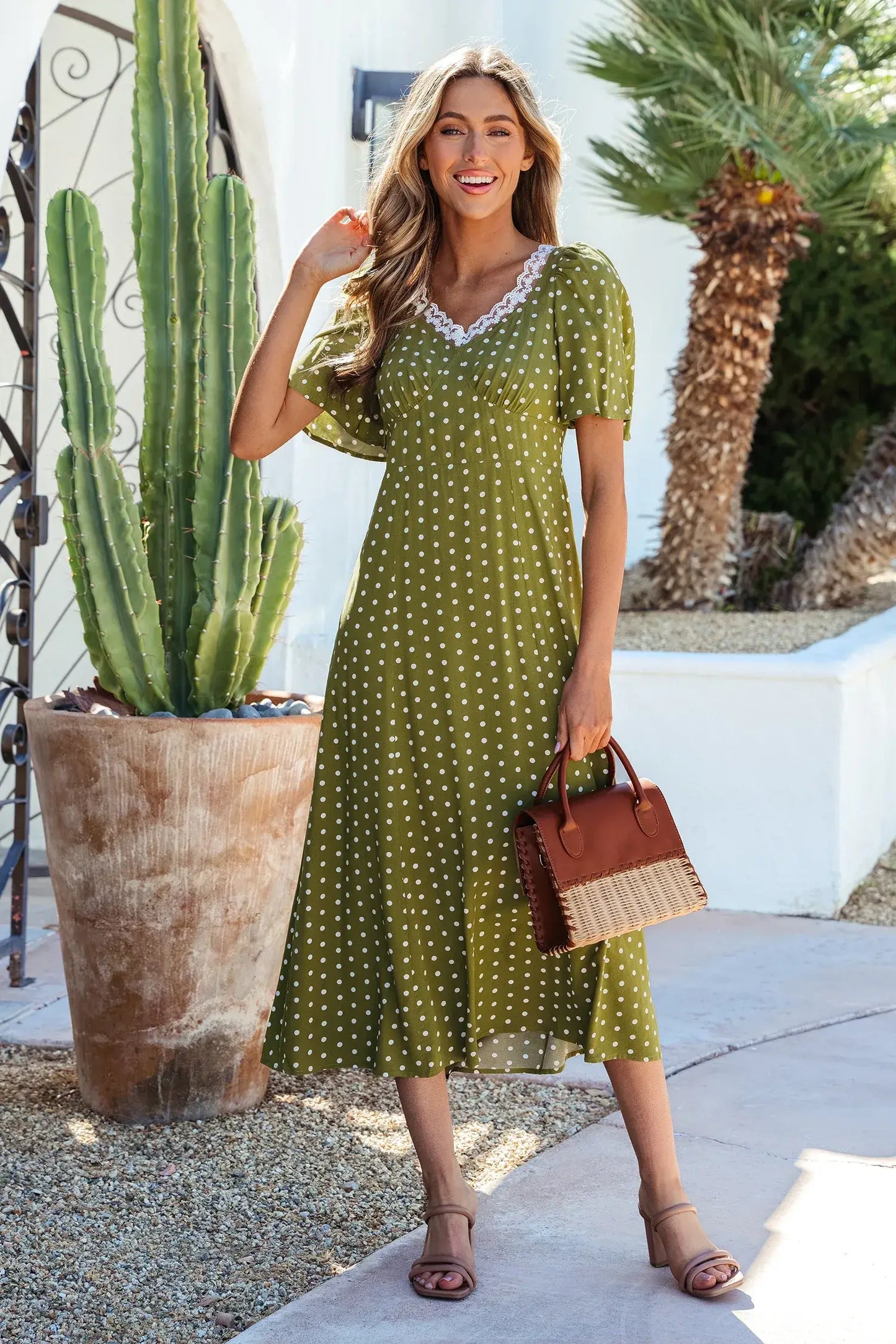 Green Polka Dot Print Lacy Neckline Smocked High Waist Maxi Dress - Sweet Fashion Wholesale