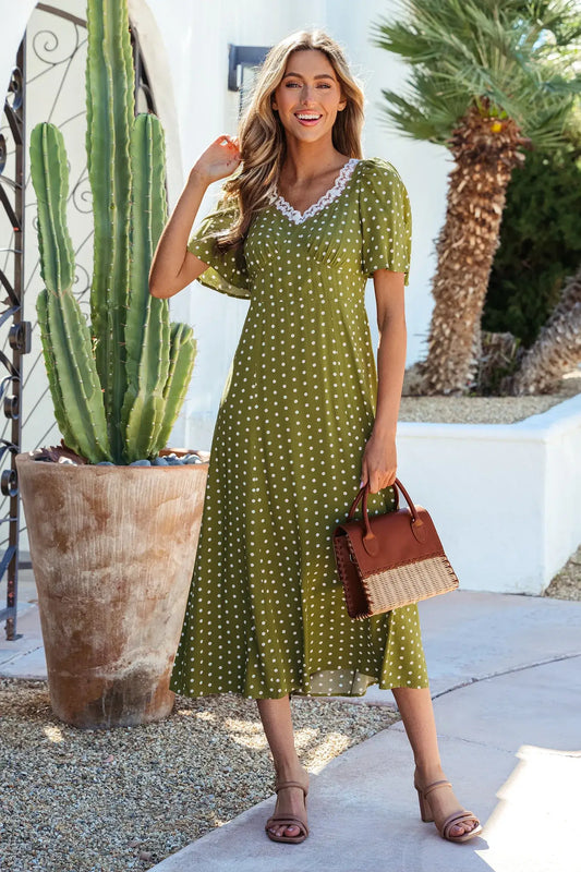 Green Polka Dot Print Lacy Neckline Smocked High Waist Maxi Dress - Sweet Fashion Wholesale