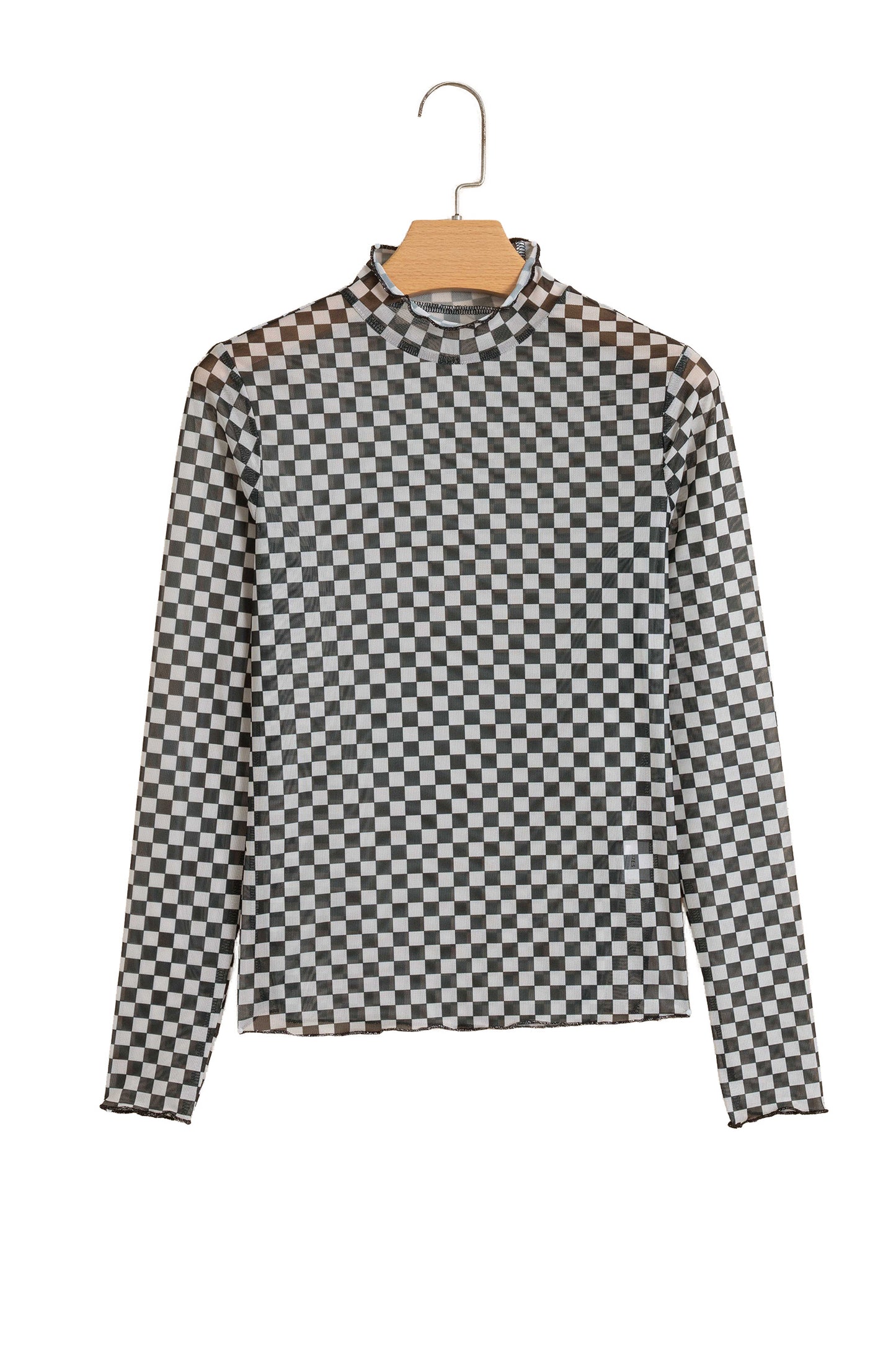 Black Plaid Stand Neck Long Sleeve Mesh Top