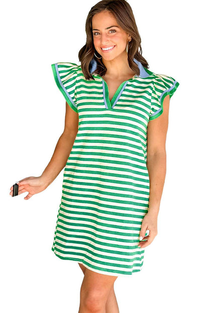 Sachet Pink Stripe Print Contrast Collar Split Neck Flutter Sleeve Short Dress