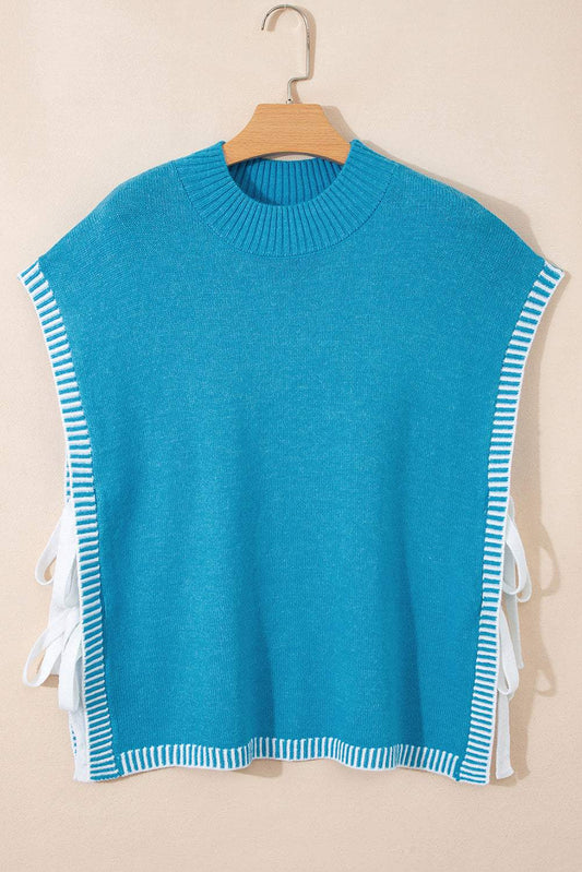 Blue Contrast Stitch Trim Knot Side Mock Neck Sweater Vest