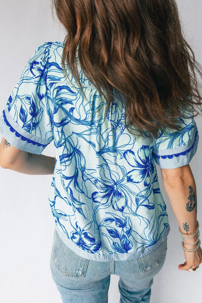 Sky Blue Ricrac Trim Slit V Neck Short Sleeve Floral Blouse - Sweet Fashion Wholesale