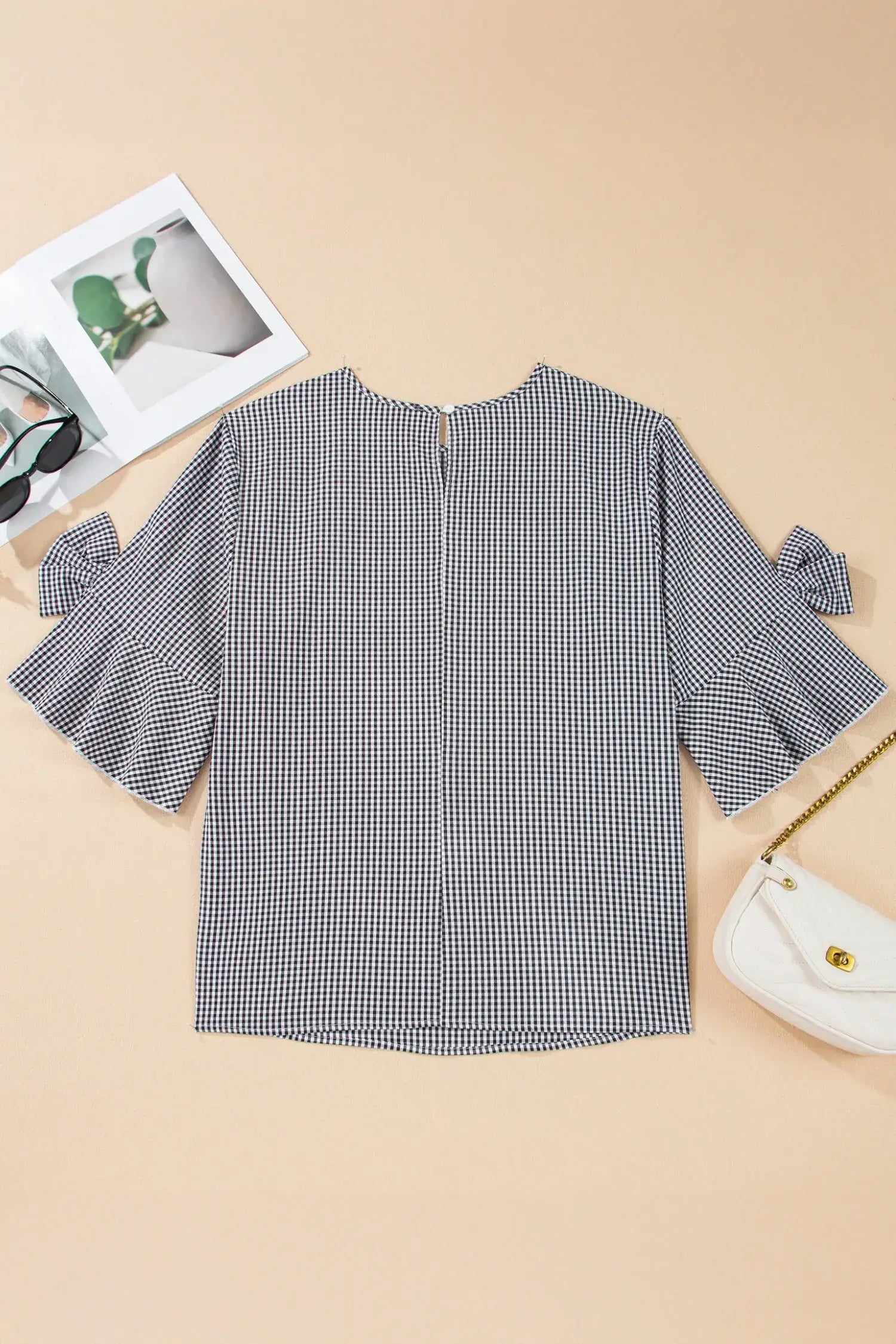 Black Plus Size Plaid Bow Decor Bell Sleeve Round Neck Jumper - Sweet Fashion Wholesale