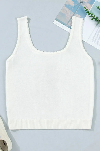 White Plus Size Floral Print Scalloped Trim Square Neck Sweater Vest - Sweet Fashion Wholesale