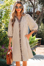 Khaki Stripe Square Button Leopard Trim Loose Bracelet Sleeve Shirt Dress - Sweet Fashion Wholesale