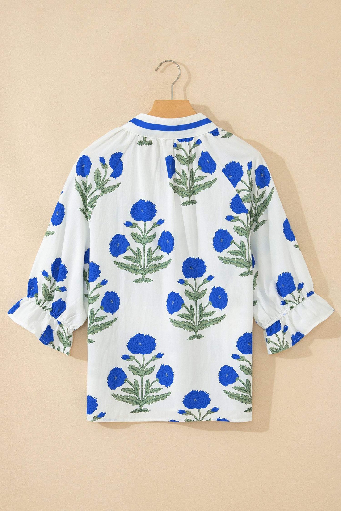 Green Casual Wild Flower Print V Neck 3/4 Sleeve Blouse