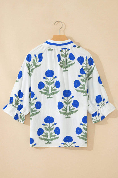 Green Casual Wild Flower Print V Neck 3/4 Sleeve Blouse