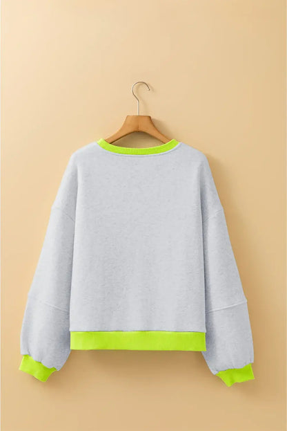 Light Grey Contrast Color Banding Patchwork Puff Sleeve Loose Sweatshirt