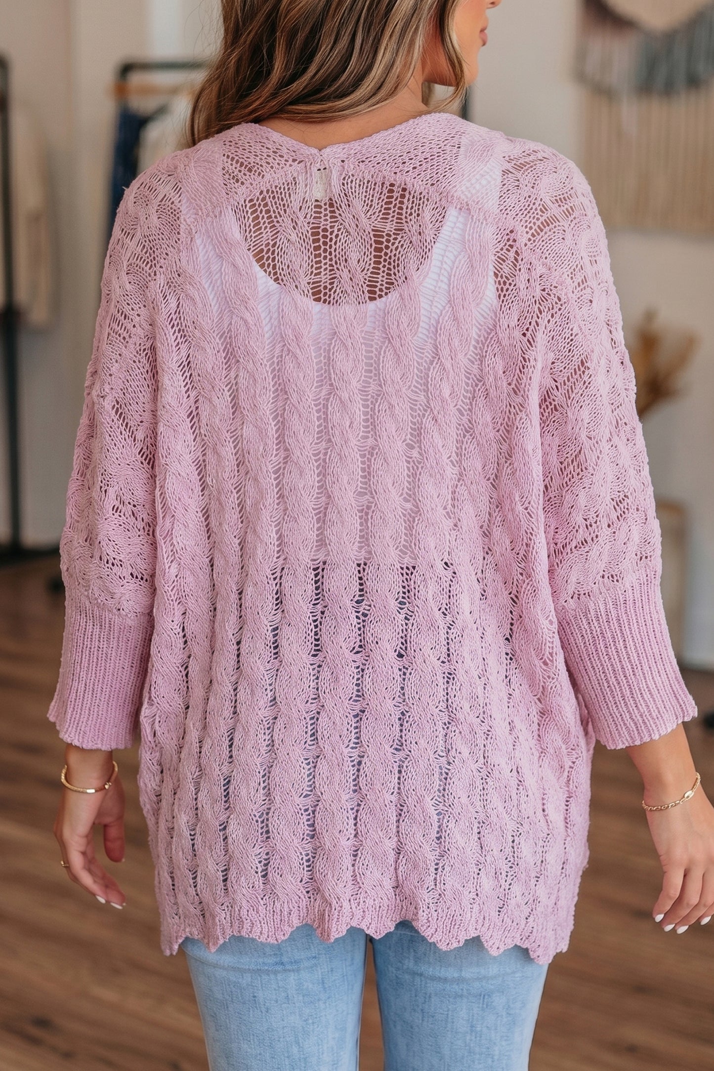 Pink Drop Shoulder Crochet Knit Open Front Sweater Cardigan