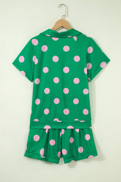 Green Polka Dot Print V Neck Tee Short Set