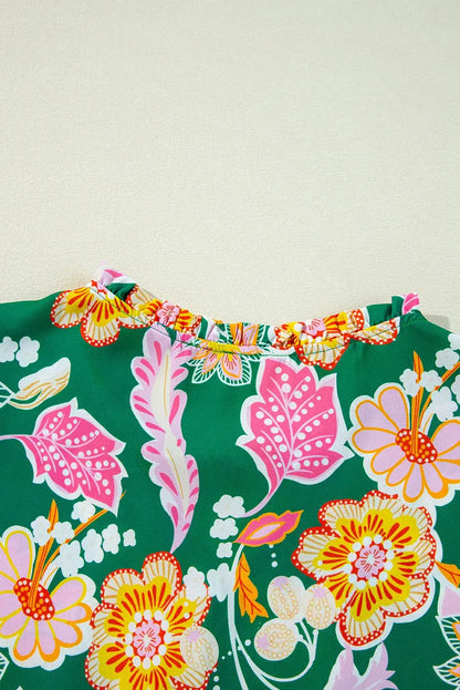 Green Floral Puff Sleeve V Neck Peplum Blouse