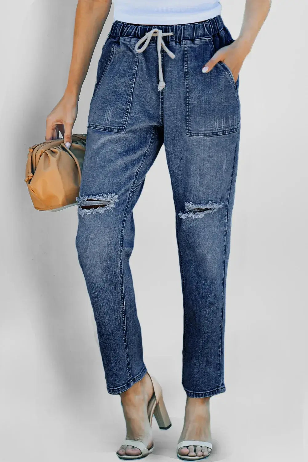 Dark Blue Gather Round Distressed Pocketed Denim Jogger - Sweet Fashion Wholesale
