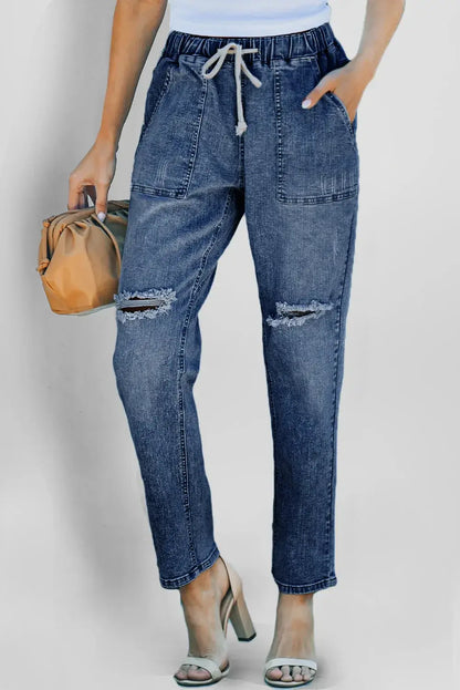 Dark Blue Gather Round Distressed Pocketed Denim Jogger - Sweet Fashion Wholesale
