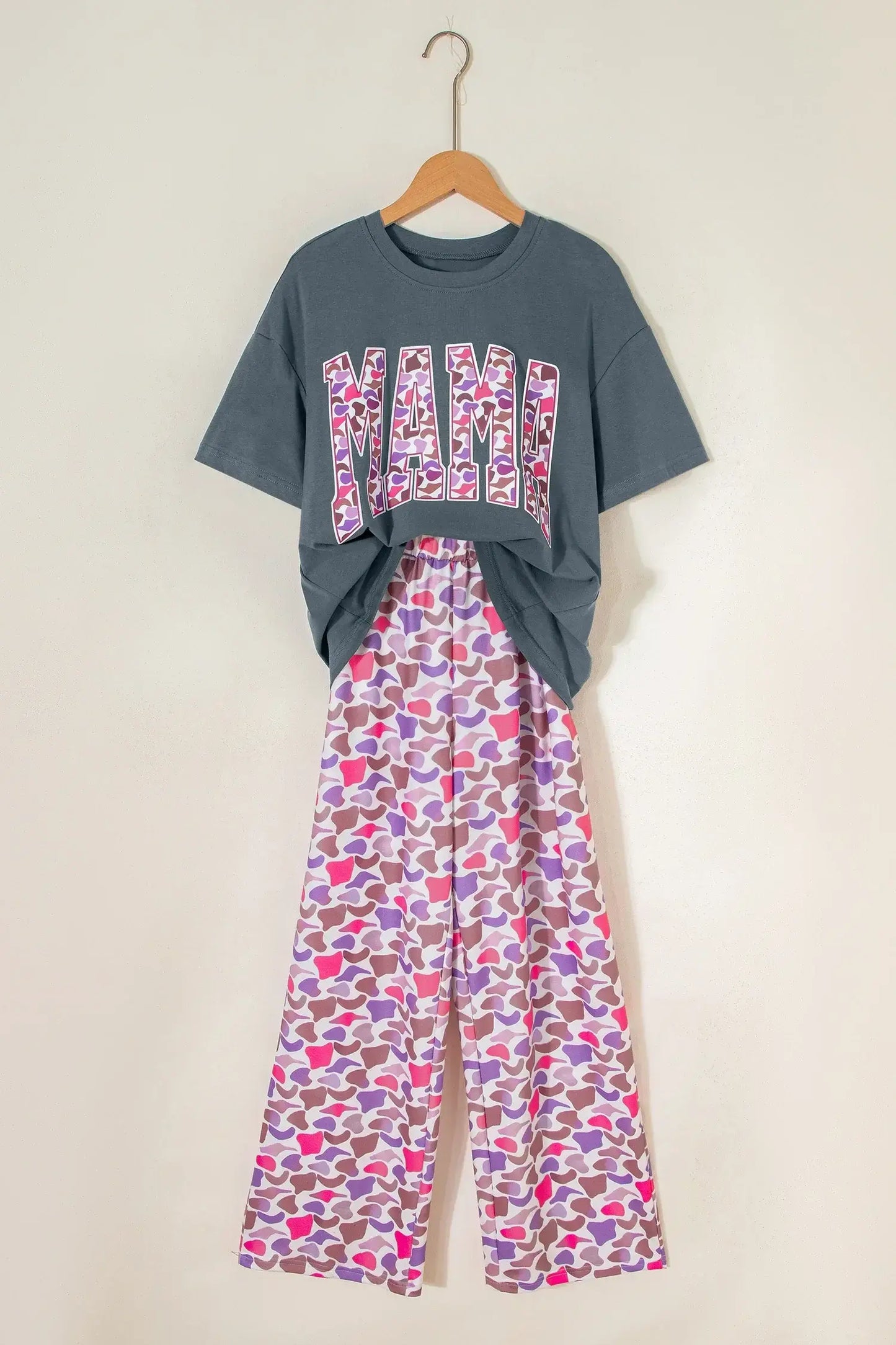 Medium Grey MAMA Letter Graphic Tee Camouflage Print Loose Pant Set - Sweet Fashion Wholesale