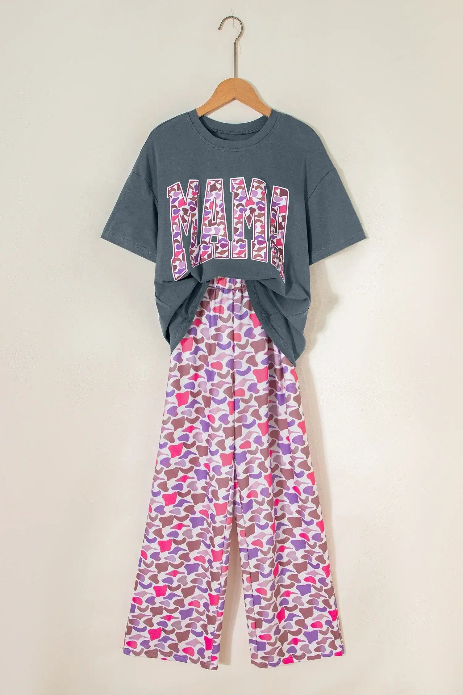 Medium Grey MAMA Letter Graphic Tee Camouflage Print Loose Pant Set - Sweet Fashion Wholesale