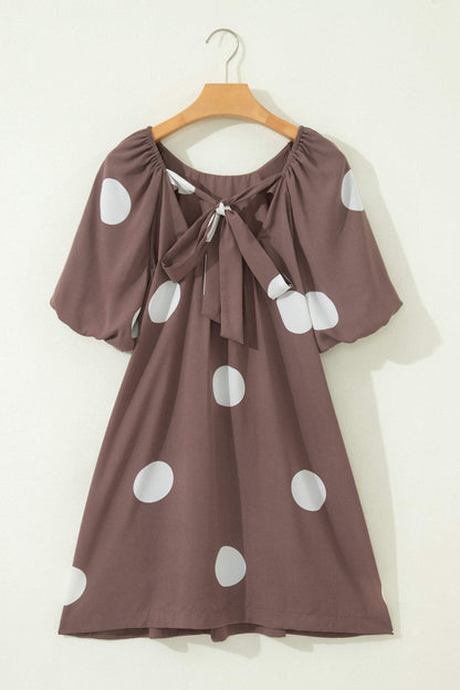 Brown Polka Dot Print Knot Back Short Puff Sleeve Loose Mini Dress