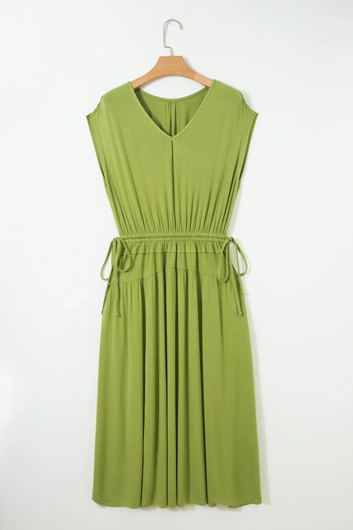 Fern Green Solid V Neck Cap Sleeve Tunic Elastic Waist Versatile Maxi Dress - Sweet Fashion Wholesale