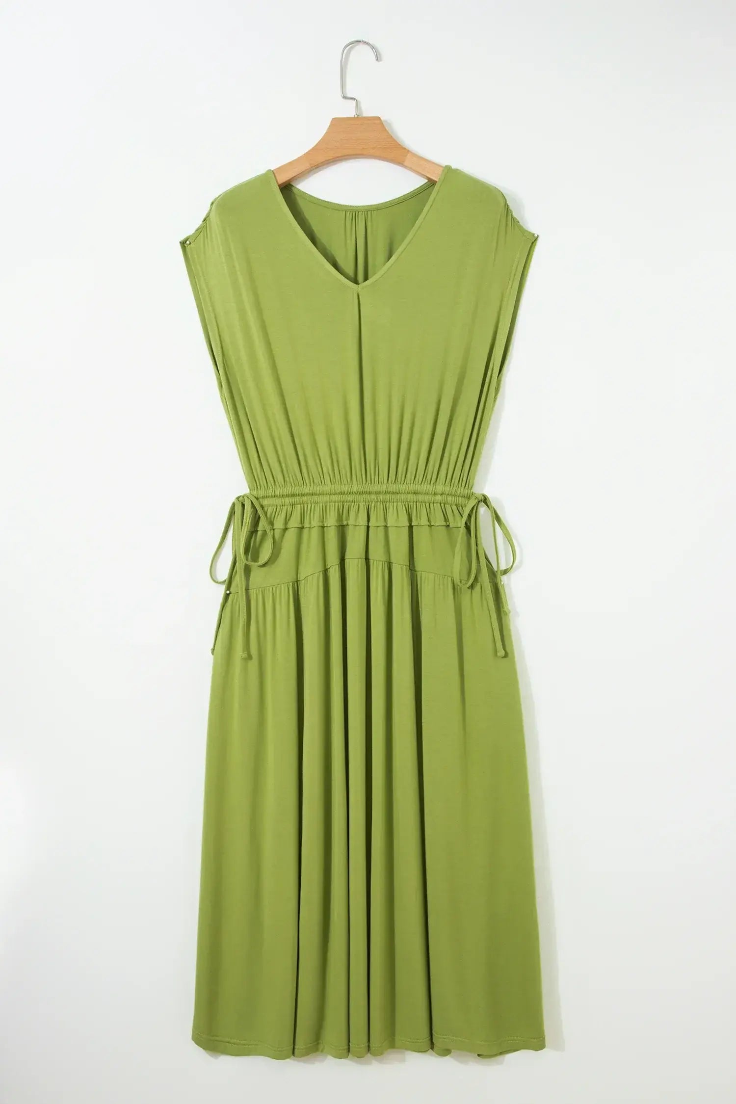 Fern Green Solid V Neck Cap Sleeve Tunic Elastic Waist Versatile Maxi Dress - Sweet Fashion Wholesale