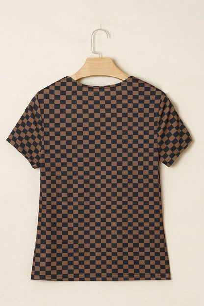 Black Checkerboard Round Neck Summer T Shirt - Sweet Fashion Wholesale