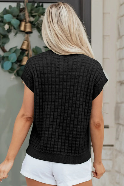 Black Solid Color Round Neck Textured Short Sleeve Sweater - Sweet Fashion Wholesale