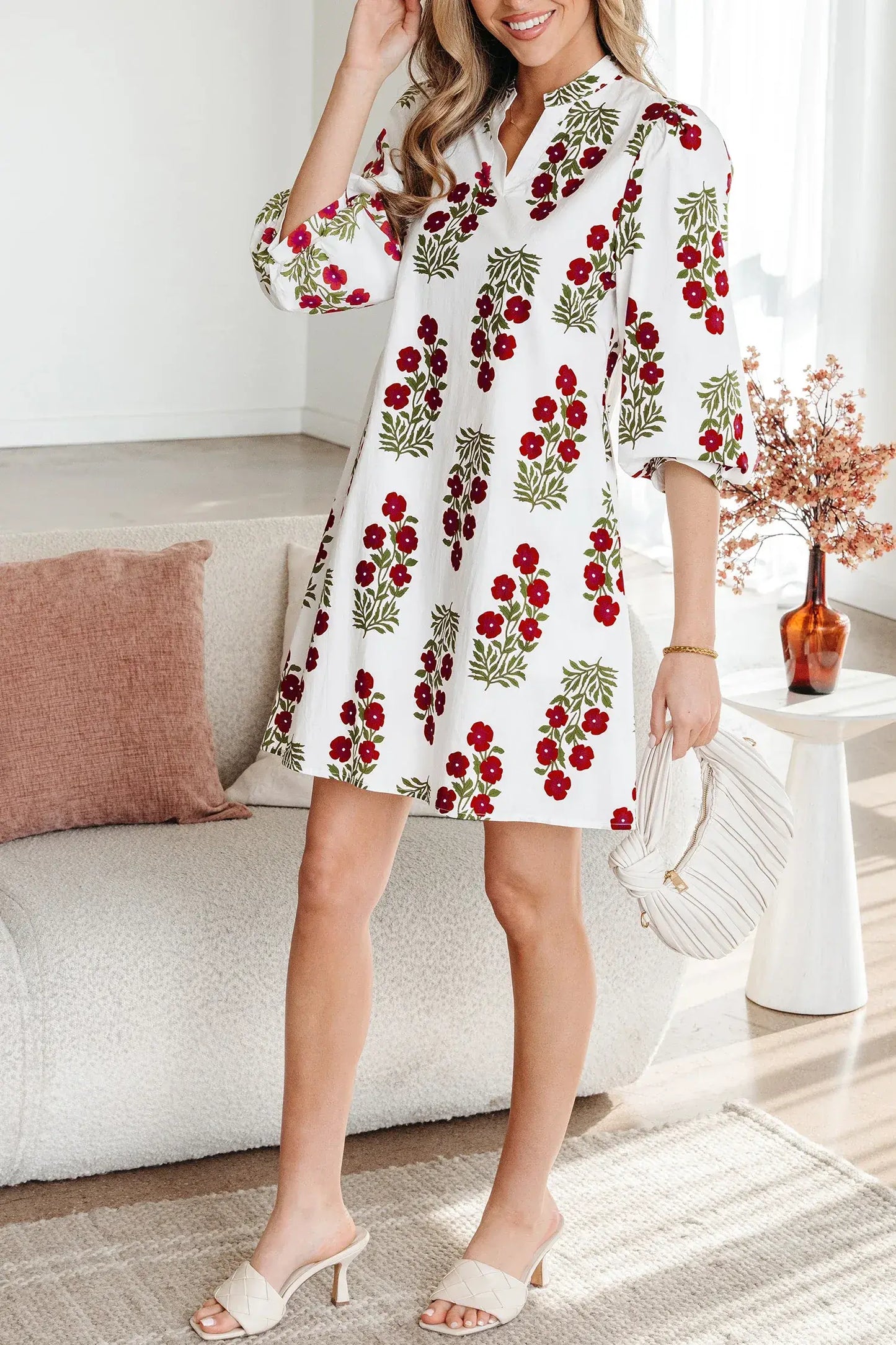 White Floral Print V Neck 3/4 Sleeve Loose Mini Dress - Sweet Fashion Wholesale