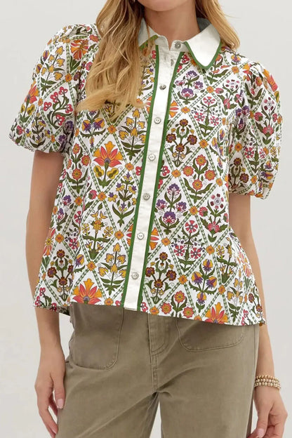 Green Short Bubble Sleeve Floral Shirt - Sweet Fashion Wholesale