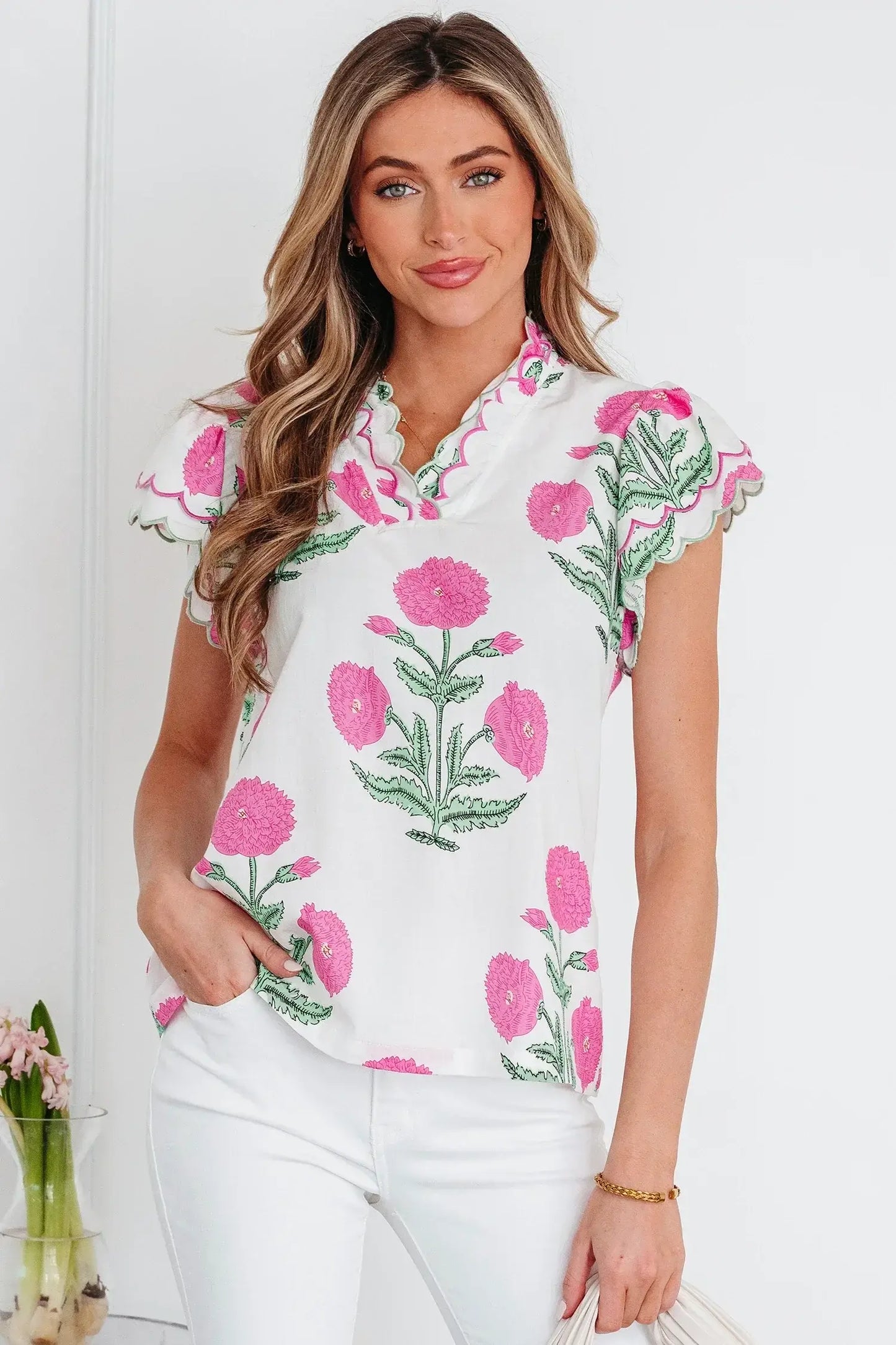 Blue Wild Flower Print Contrast Trim Scallop Detail Short Sleeve Blouse - Sweet Fashion Wholesale