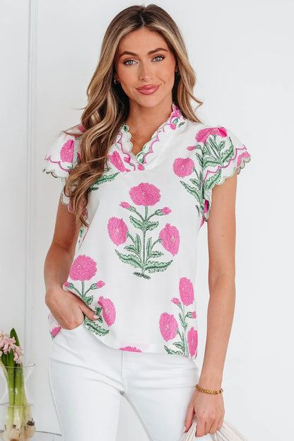Blue Wild Flower Print Contrast Trim Scallop Detail Short Sleeve Blouse - Sweet Fashion Wholesale