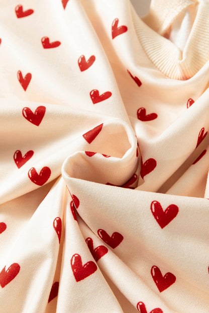 Beige Heart Print Round Neck Long Sleeve Regular Fit Sweatshirt