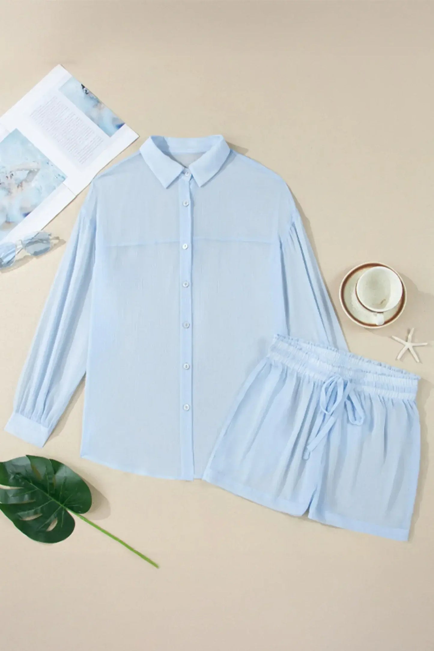 Beau Blue Sheer Tunic Shirt Drawstring Shorts 2pcs Swim Cover Up - Sweet Fashion Wholesale