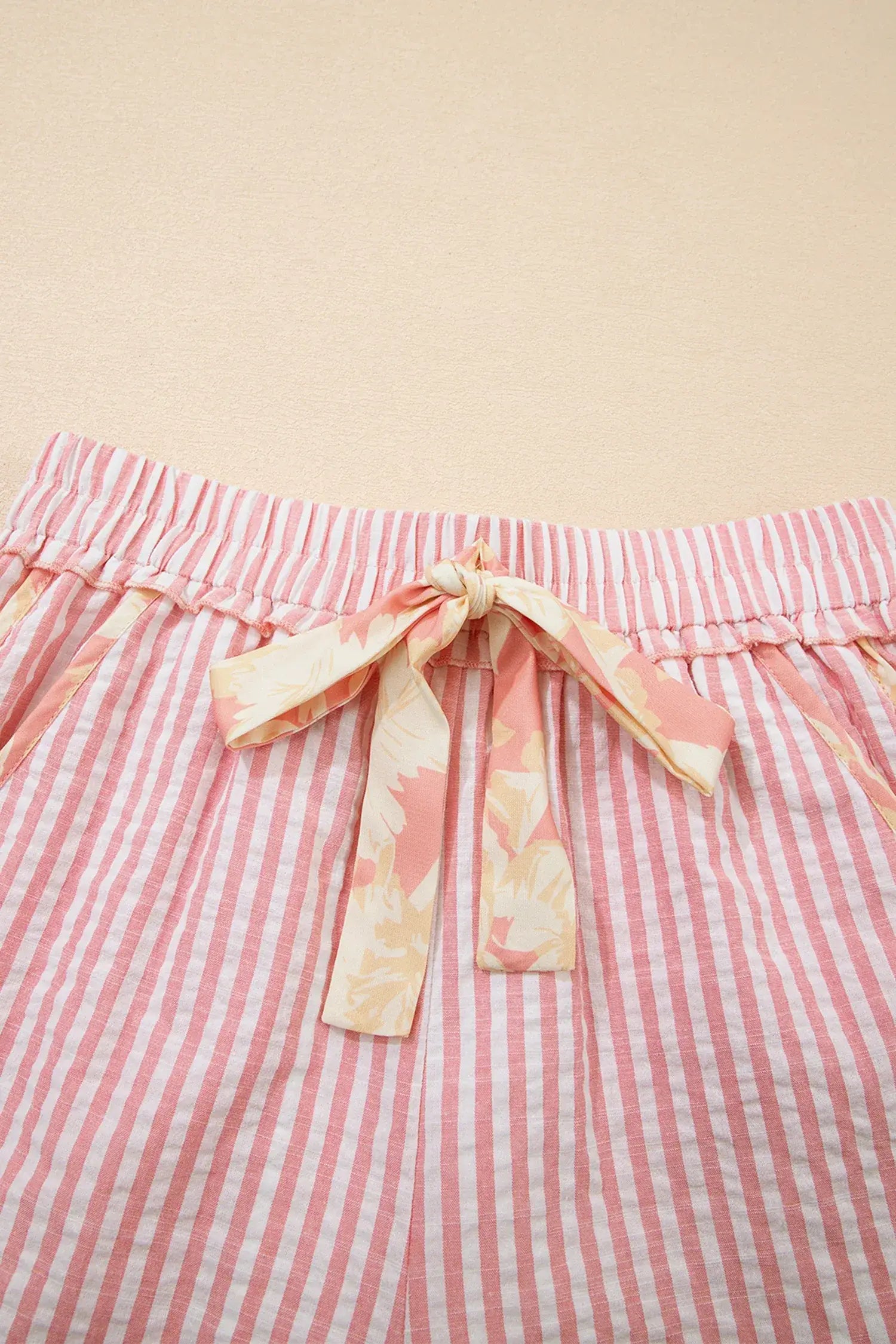 Light Pink Floral Trim Ribbon Knot Striped Casual Shorts - Sweet Fashion Wholesale