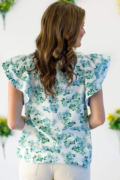 Green Floral Meets Stripes V Neck Flutter Sleeve Blouse