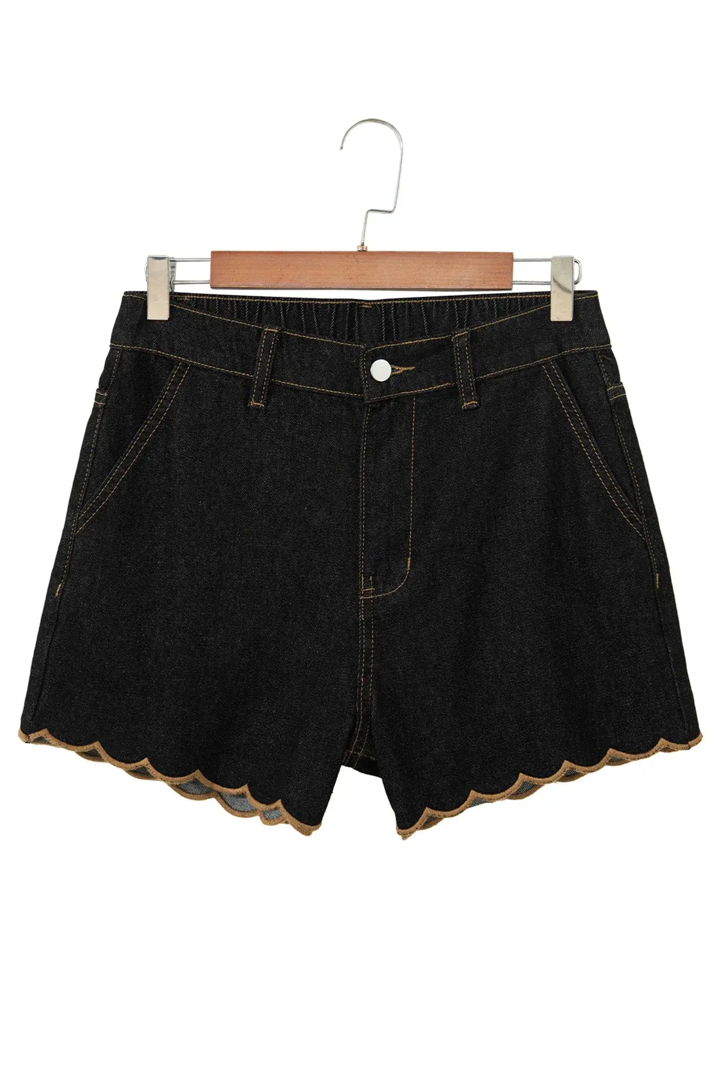 Navy Blue Embroidered Scalloped Trim Relaxed Denim Shorts - Sweet Fashion Wholesale