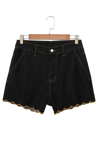 Navy Blue Embroidered Scalloped Trim Relaxed Denim Shorts - Sweet Fashion Wholesale