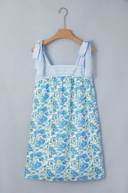 Sky Blue Floral Print Striped Patchwork Bow Knot Straps Mini Dress - Sweet Fashion Wholesale