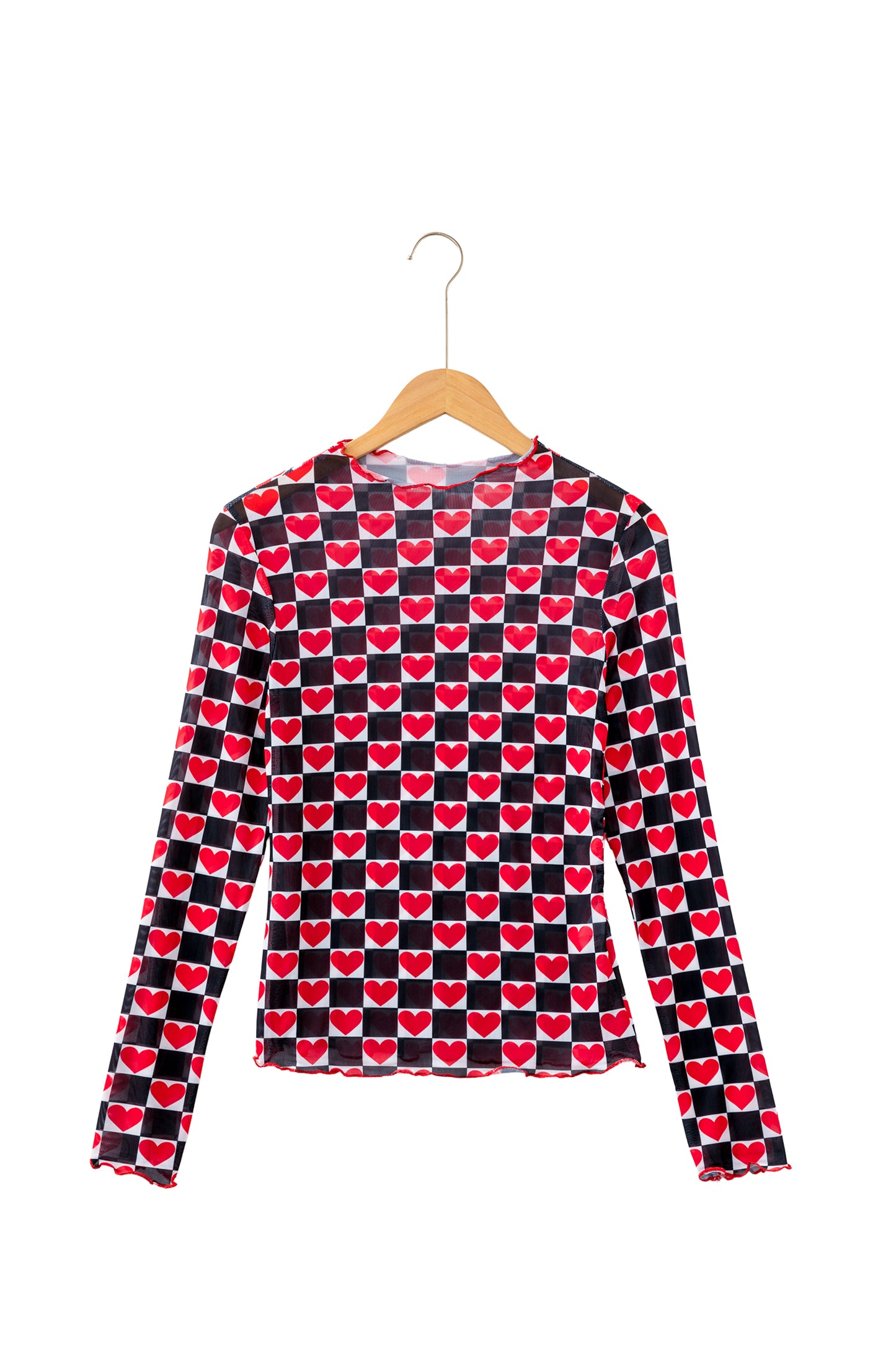 Black Plaid Heart Mesh Sheer Long Sleeve High Neck Blouse