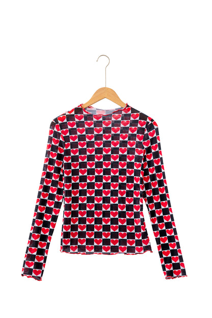 Black Plaid Heart Mesh Sheer Long Sleeve High Neck Blouse