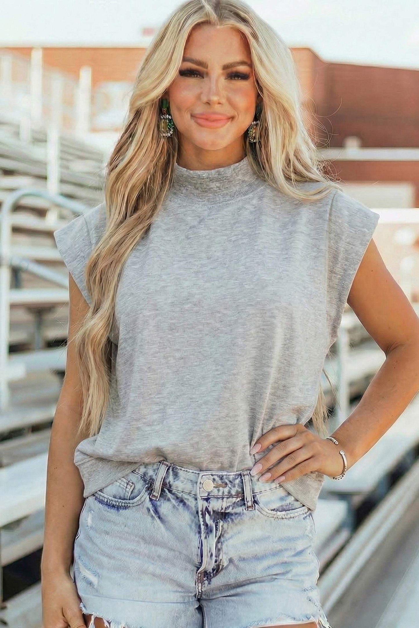 Mint Green Solid Color High Neck Cap Sleeve Loose Top
