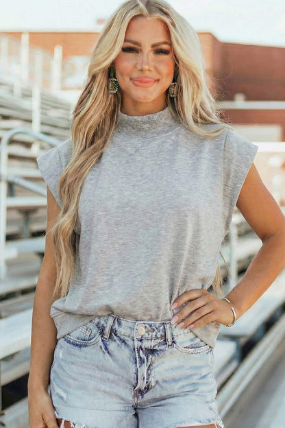 Mint Green Solid Color High Neck Cap Sleeve Loose Top