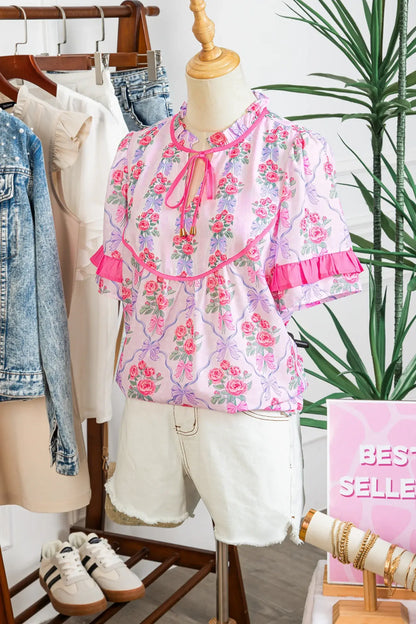 Purple Coquette Floral Bow Printed Contrast Ruffled Short Sleeve Blouse - Sweet Fashion Wholesale
