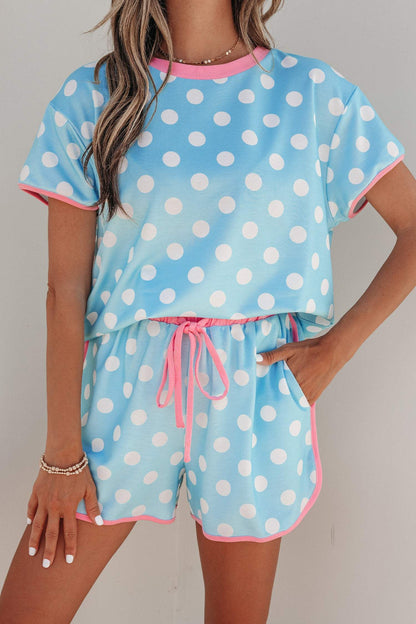 Sky Blue Polka Dot Contrast Edge Casual Short Set