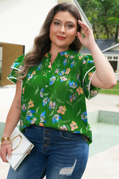 Green Plus Size Ruffled Short Sleeve Floral Top - Sweet Fashion Wholesale