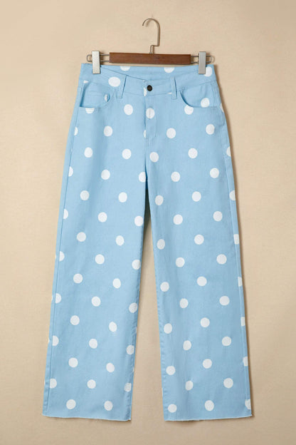 Sky Blue Polka Dot Print Raw Hem Shift Jeans