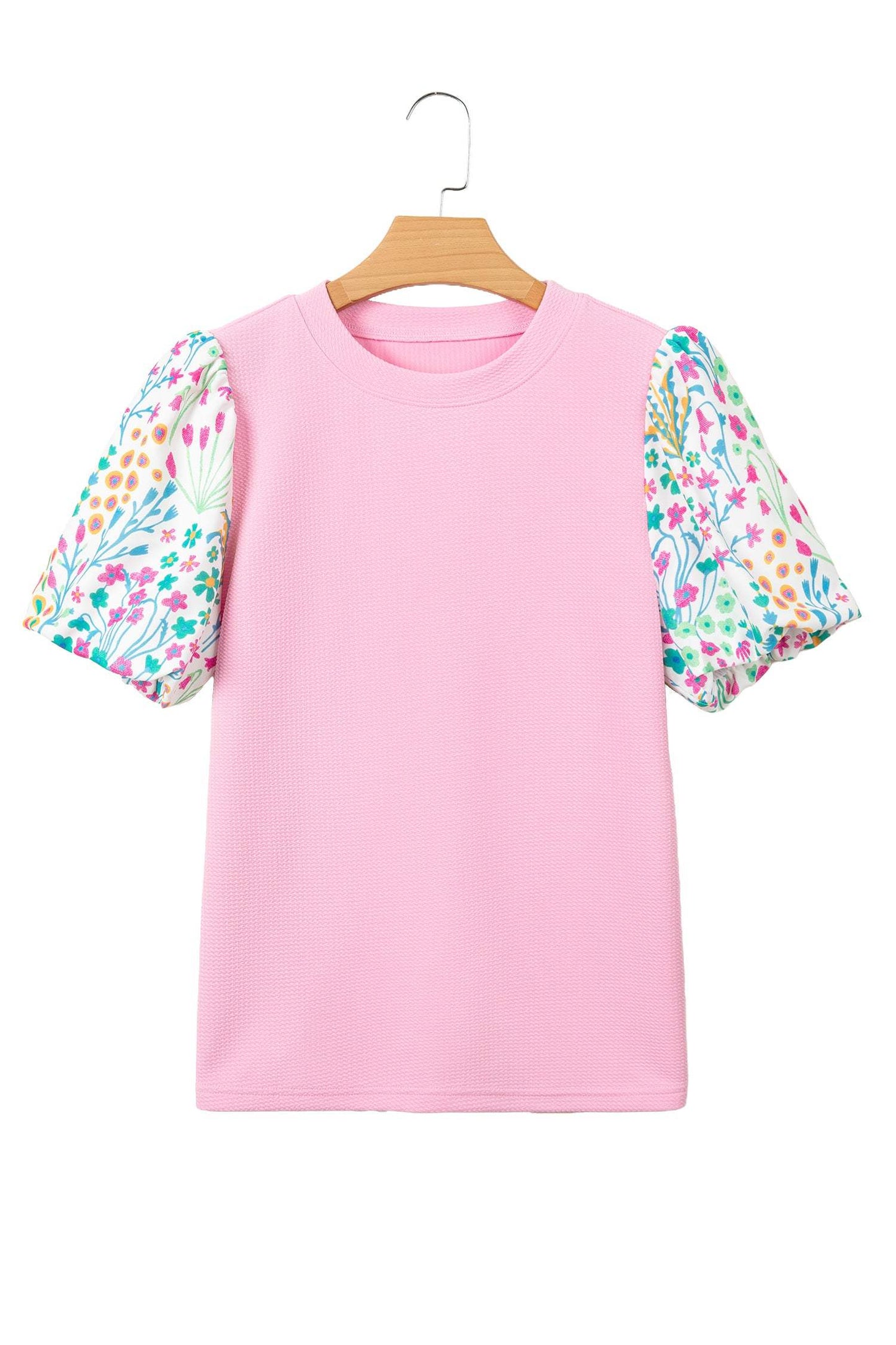 Pink Round Neck Textured Contrast Floral Bubble Sleeve Blouse