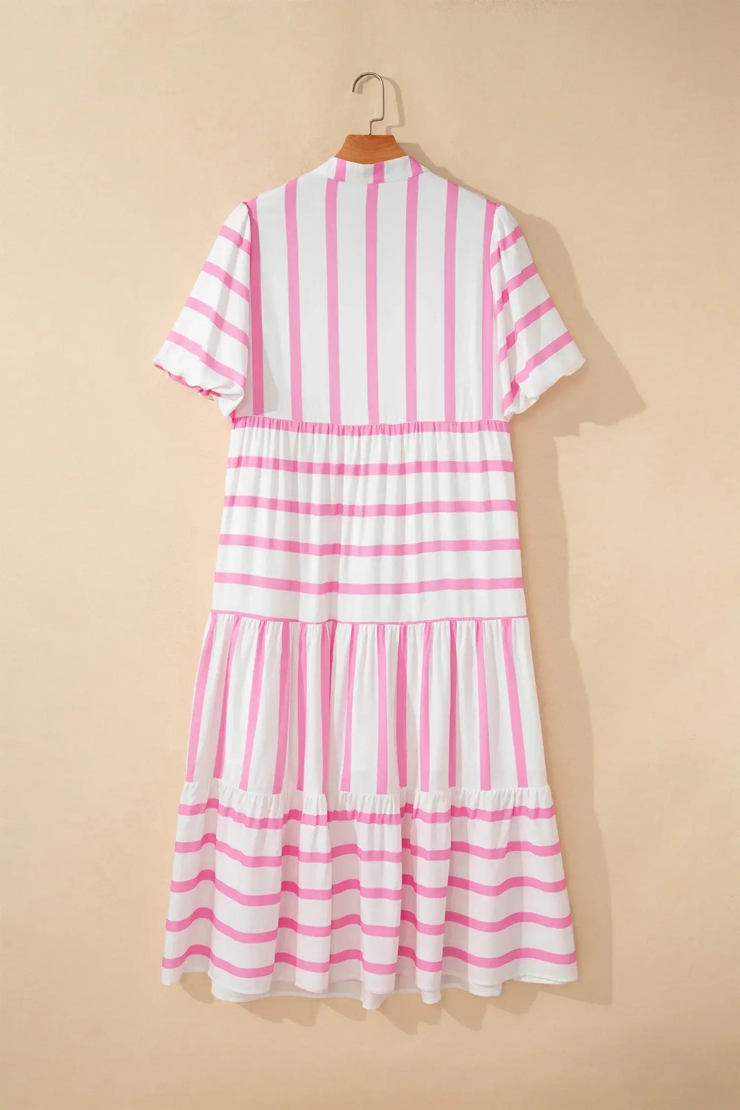 Pink Stripe Plus Size V Neck Short Puff Sleeve Tiered Maxi Dress - Sweet Fashion Wholesale