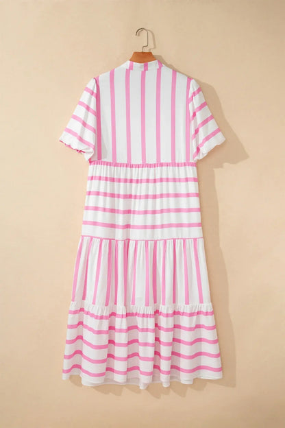 Pink Stripe Plus Size V Neck Short Puff Sleeve Tiered Maxi Dress - Sweet Fashion Wholesale