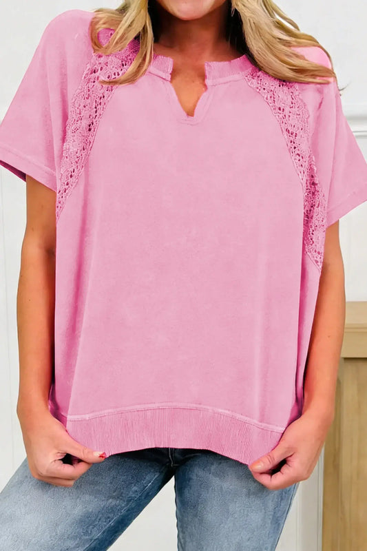Pink Raw Cut Notched Neck Lace Patchwork Detail Mineral Wash Tee - Sweet Fashion Wholesale