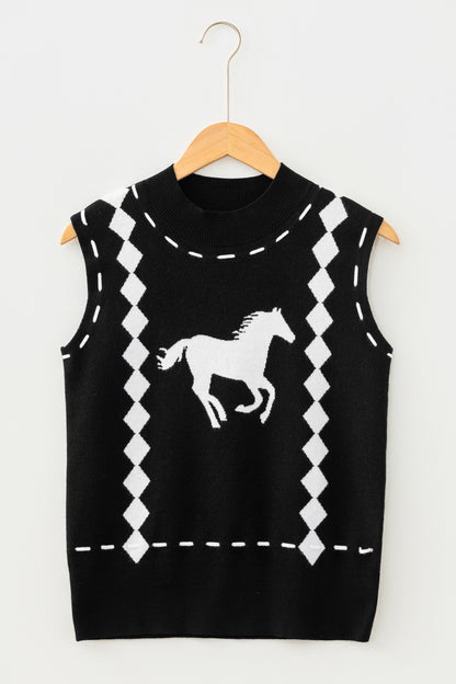 Black Western Horse Geometric Print Mock Neck Sweater Vest
