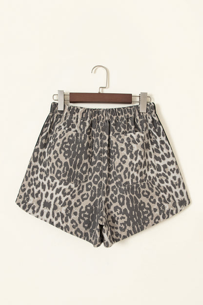 Multicolour Leopard Pattern Striped Detail Drawstring Denim Shorts